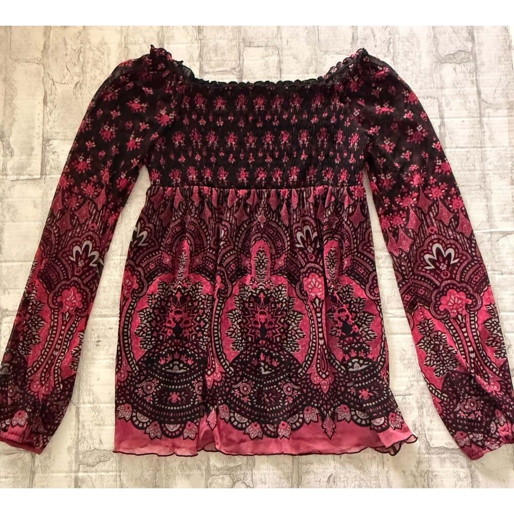 INC VTG Y2K Sheer Mesh Paisley Bell Sleeve Smocked Grunge Babydoll Top L